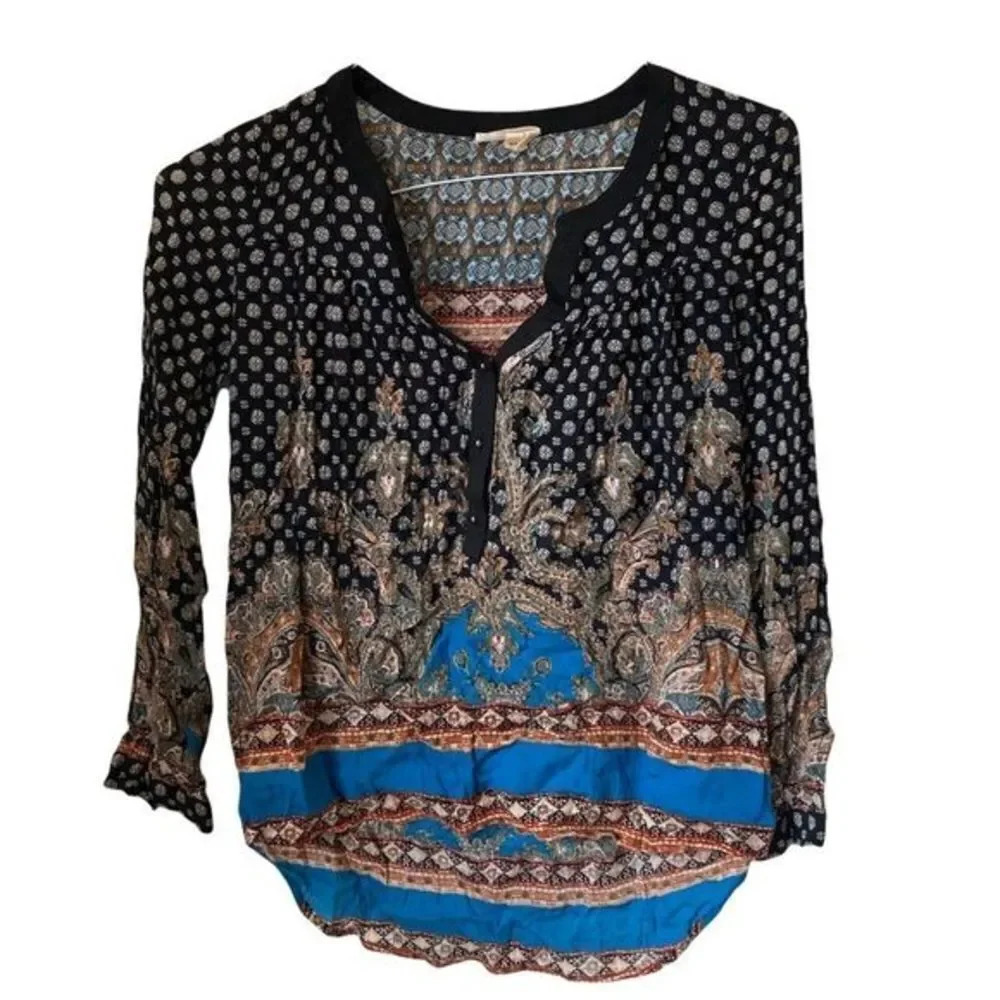 ANTHROPOLOGIE Meadow Rue Paisley Print Tunic Top Blue Rayon Henley XXS
